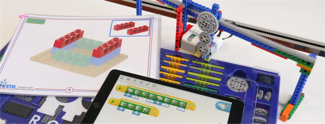 Gears, building pieces and a tablet used for a robotics activity